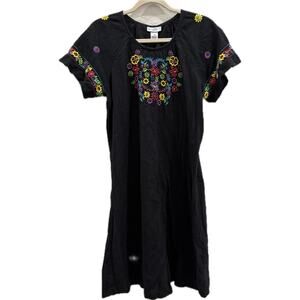 Go Softly Patio Dress Black Patio House Dress Embroidered Flowers 100% Cotton